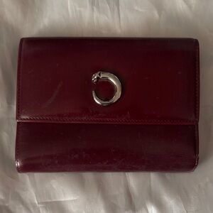 Authentic Cartier Panthere Tri Fold Wallet Burgundy Silver Panther Hardware